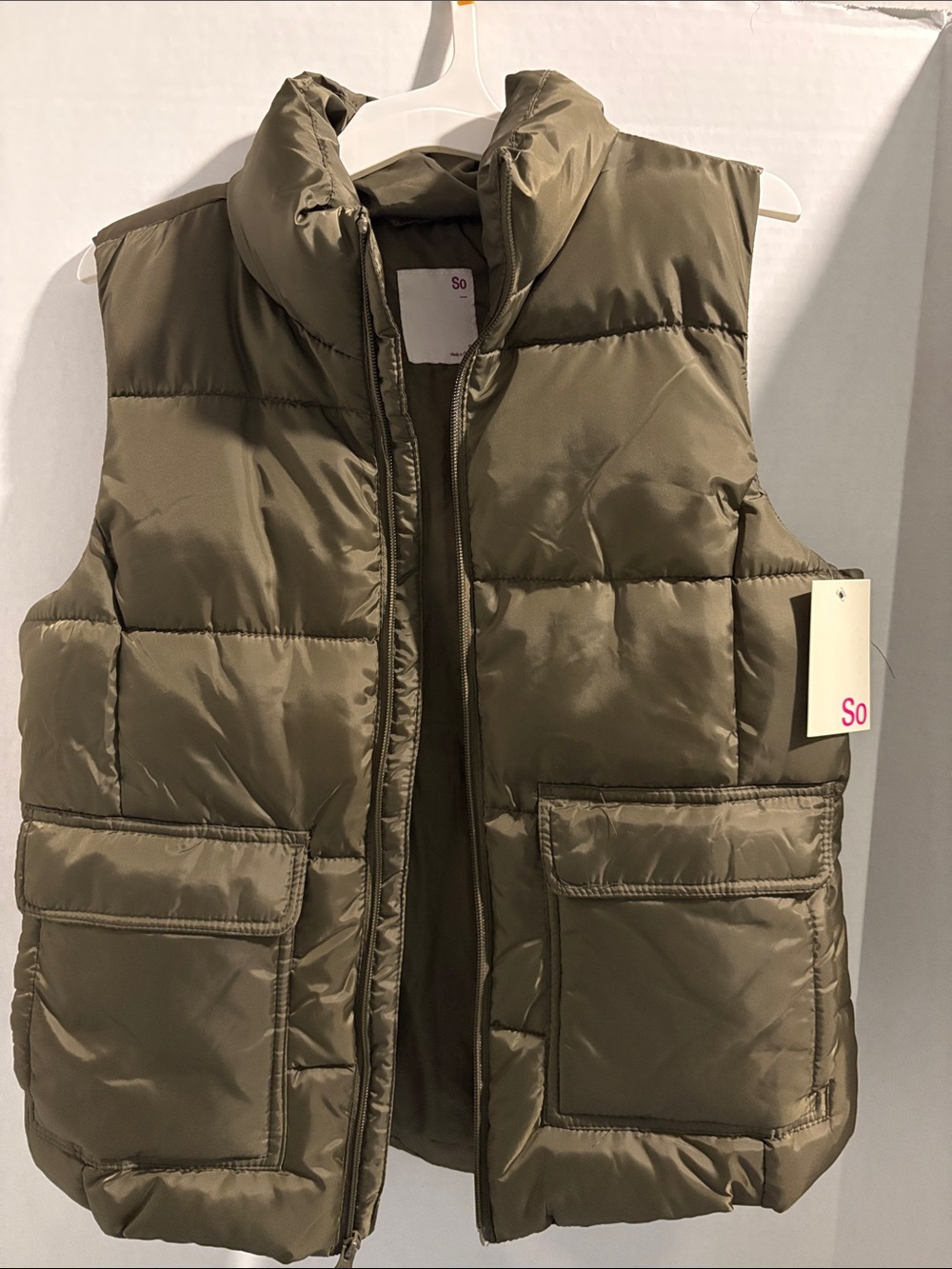 SO Olive Green Quilted Puffer Vest for Kids